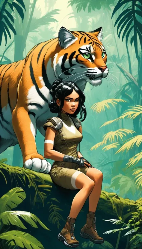 Female in exotic clothing playing with an over-sized wildcat in the jungle, sci-fi, science fiction, cinematic scene, hero view, scenery, detailed background, masterpiece, best quality, high quality, highres, absurdres, very detailed, high resolution, sharp, sharp image, 8k, vivid, colorful, sillage comic <lora:sillage_xl_v1:1.5>