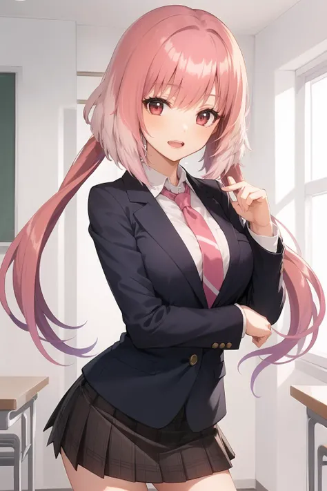 1girl, <lora:SeleneSS-000007:0.8>, selene, skirt, school_uniform, necktie, twintails, long hair, jacket, blazer, indoors, school, pink hair, gradient hair,