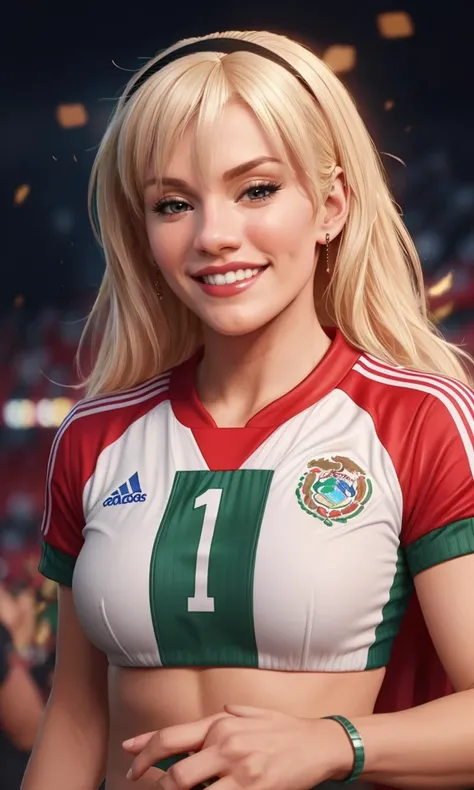 gwenclassic2023, 1girl, 8k, best quality, masterpiece, smile, looking at viewer, wearing Mexican soccer uniform