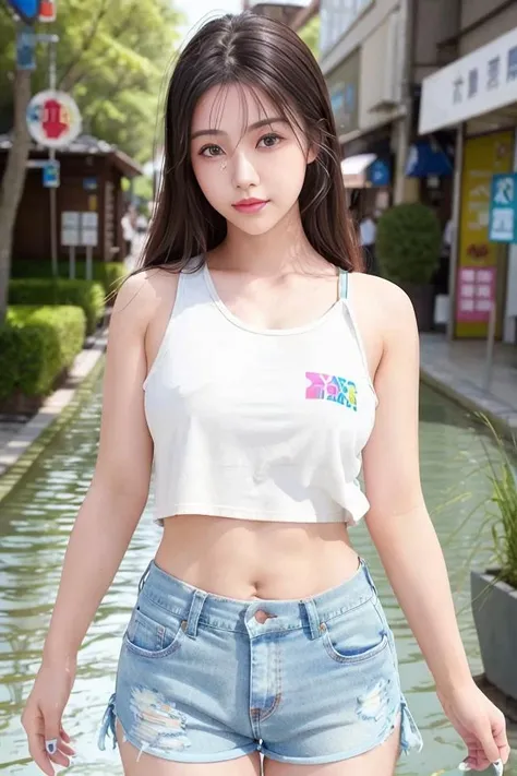 (skin blemish:1.2), (?????????????), black eye, 1woman, 25yo, (((woman))), solo, realistic, best quality, photorealistic, masterpiece, 8k, high res, solo, extremely detailed face, (professional lighting, bokeh), (light particles, lens flare, glowing particles:0.6), (dynamic pose:1.2), soft lighting, top angle view, fashionable and trendy atmosphere, Japan, Hokkaido, street, city, park, shop, river, ((daytime)), sky, ((looking at the viewer:1)), (looking at the camera),(portrait:0.6), cowboy shot, gorgeous, walking, hands down, keep original facial proportion, wide shoulder, full body, (medium ??????), (medium hair), brown hair, floating hair, lips, lipstick, seductive smile, floating hair, smile, open_mouth, teeth, T-shirt, shorts, jeans, eyelashes, mole, (mole under eye:1),  <lora:CN05:0.8>