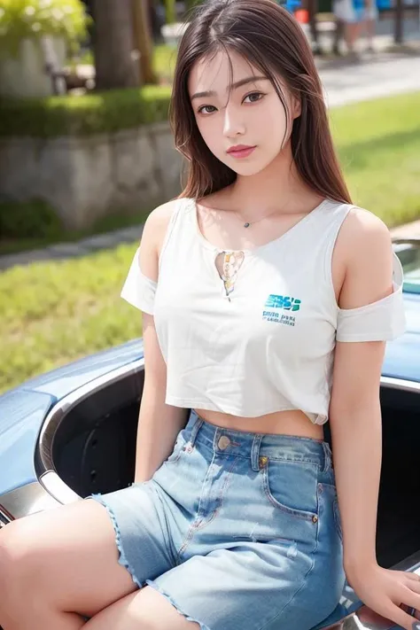 (skin blemish:1.2), (skindentation), black eye, 1woman, 25yo, (((woman))), solo, realistic, best quality, photorealistic, masterpiece, 8k, high res, solo, extremely detailed face, (professional lighting, bokeh), (light particles, lens flare, glowing particles:0.6), (dynamic pose:1.2), soft lighting, top angle view, fashionable and trendy atmosphere, Japan, Hokkaido, street, city, park, shop, ((daytime)), sky, ((looking at the viewer:1)), (looking at the camera),(portrait:0.6), cowboy shot, gorgeous, sitting, hands down, keep original facial proportion, wide shoulder, full body, (medium breast), (medium hair), brown hair, floating hair, lips, lipstick, seductive smile, floating hair, smile, open_mouth, teeth, T-shirt, shorts, jeans, eyelashes, mole, (mole under eye:1), <lora:CN05:0.75>