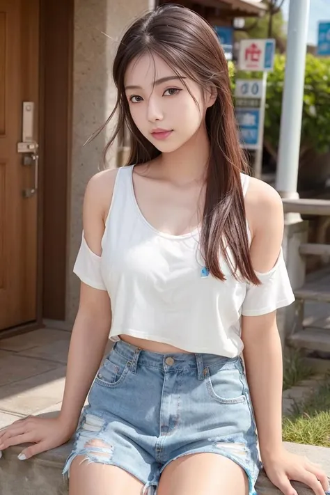 (16 years old:1.4),(Very Young Face),japanese femes idol, 1girl, (absurdres, highres, ultra detailed, high resolution: 1.1) BREAK 1 girl, solo, medium breasts, shy, BREAK brown hair, medium hair, hair between eyes, brown eyes, BREAK T-shirt, denim miniskirt, white or pale pink or pale blue panties, BREAK pantydrop, standing, arm up, pussy, pussy line, BREAK nice hands, perfect hands,