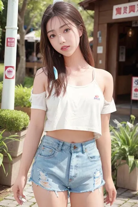 (skin blemish:1.2), (skindentation), black eye, 1woman, 25yo, (((woman))), solo, realistic, best quality, photorealistic, masterpiece, 8k, high res, solo, extremely detailed face, (professional lighting, bokeh), (light particles, lens flare, glowing particles:0.6), (dynamic pose:1.2), soft lighting, top angle view, fashionable and trendy atmosphere, Japan, Hokkaido, street, city, park, shop, ((daytime)), sky, ((looking at the viewer:1)), (looking at the camera),(portrait:0.6), cowboy shot, gorgeous, walking, hands down, keep original facial proportion, wide shoulder, full body, (medium breast), (medium hair), brown hair, floating hair, lips, lipstick, seductive smile, floating hair, smile, open_mouth, teeth, T-shirt, shorts, jeans, eyelashes, mole, (mole under eye:1), <lora:CN05:0.8>