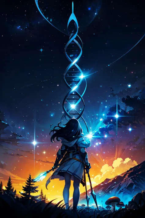 ((masterpiece,best quality)), absurdres,   <lora:DNA:0.8>,   DNA, sky, no humans, star (sky), night sky, scenery, starry sky, space,    <lora:Scifi_Environment_Concept_Art:0.8>, minimalist, game asset, cinematic, movie poster, cold colors, blue theme, holding, standing, weapon, outdoors, from behind, tree, glowing, nature, scenery, forest, fantasy, mushroom,