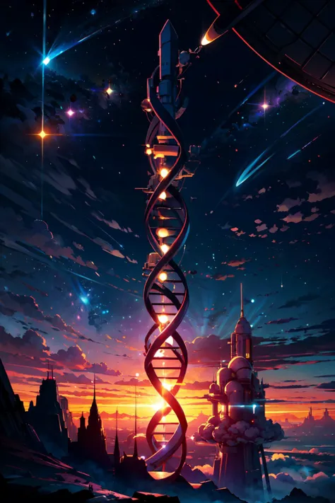 ((masterpiece,best quality)), absurdres,   <lora:DNA:0.8>,   DNA, sky, no humans, star (sky), night sky, scenery, starry sky, space,    <lora:Scifi_Environment_Concept_Art:0.8>, minimalist, game asset, cinematic, movie poster, cyberpunk, cold colors, red theme, flairs, outdoors, sky, cloud, no humans, grass, scenery, spacecraft