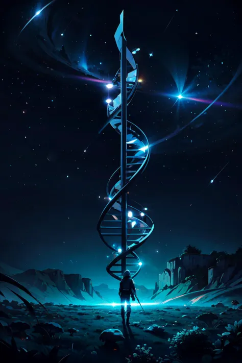 ((masterpiece,best quality)), absurdres,   <lora:DNA:0.8>,   DNA, sky, no humans, star (sky), night sky, scenery, starry sky, space,    <lora:Scifi_Environment_Concept_Art:0.8>, minimalist, game asset, cinematic, movie poster, cold colors, blue theme, holding, standing, weapon, outdoors, from behind, tree, glowing, nature, scenery, forest, fantasy, mushroom,