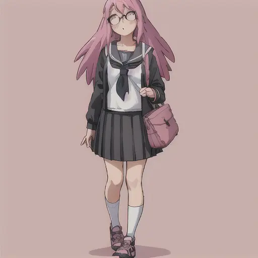 popstep, 1girl, solo, long hair, blush, skirt, simple background, shirt, long sleeves, holding, school uniform, standing, full body, pink hair, pleated skirt, shoes, glasses, serafuku, socks, black skirt, sailor collar, bag, neckerchief, kneehighs, black shirt, pink background, white socks, sneakers, walking, school bag, black serafuku, pink footwear, holding bag, opaque glasses <lora:PopStepLoRA-10:0.9>