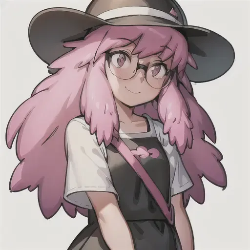 popstep, 1girl, solo, long hair, smile, bangs, simple background, shirt, hat, white background, dress, white shirt, pink hair, short sleeves, glasses, pink eyes, black dress, looking to the side, arms behind back <lora:PopStepLoRA-10:0.8>