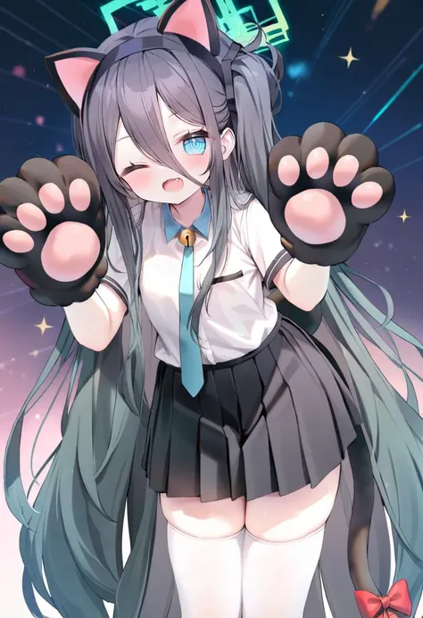 masterpiece, best quality, <lora:caoXL_ANI31_lokr_V2233:0.95> aris \(blue archive\), 1girl, animal ears, tail, animal hands, solo, paw gloves, one eye closed, long hair, cat tail, heart, gloves, skirt, very long hair, halo, white background, cat ears, bell, blue eyes, simple background, thighhighs, bow, pleated skirt, hair between eyes, fake animal ears, shirt, tail ornament, tail bow, red bow, necktie, black skirt, jingle bell, white shirt, looking at viewer, smile, one side up, black hair, absurdly long hair, open mouth, hairband, bangs, white thighhighs, neck bell, black hairband, short sleeves, bowtie, cat paws, collared shirt, ;d, blush, red bowtie, school uniform, cat girl, standing, feet out of frame, collar, paw pose, animal ear fluff, blue necktie, fang