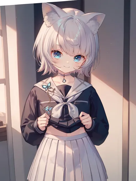 (score_9,score_8_up,score_7_up,),<lora:lulu-000008:0.9>,lulu,1girl,solo,blue eyes,virtual youtuber,short hair,looking at viewer,choker,white background,socks,bangs,closed mouth,standing,white skirt,pleated skirt,white sailor collar,neckerchief,cowboy_shot,animal ears,upper body,lifted_by_self,evil smile,<lora:caoXLP6lokrV4236:0.6>,