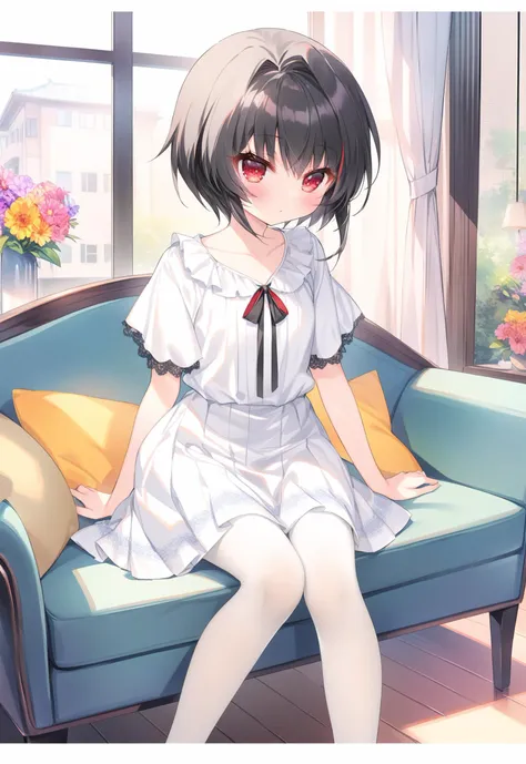 masterpiece of watercolor,high color:1.1), yukinoa, short hair, black hair, solo, very short stature, pretty Idol girl standing frontal body, (red eyes), slender body girl, indoors, sitting on sofa, loose blouse with ribon, white skirt with lace decoration, white pantyhose, pumps,bangs, from front, ultra-detailed,BREAK , (colorful flowers), cartoon,post-Impressionist, ,windows, <lora:add-detail-xl:0.5>, <lora:YukiNoaXL_V1-000015:0.8>, <lora:caoXLANI31lokrV42310:0.5>