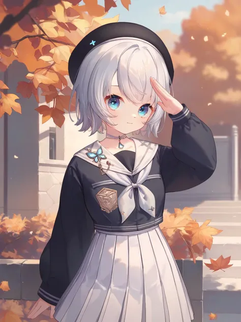 (score_9,score_8_up,score_7_up,),<lora:lulu-000008:0.9>,lulu,1girl,solo,blue eyes,virtual youtuber,short hair,looking at viewer,choker,hat,socks,bangs,closed mouth,standing,white skirt,pleated skirt,white sailor collar,neckerchief,cowboy_shot,upper body,<lora:caoXLP6lokrV4236:0.6>,wind,<lora:ag31_style_ba_v1:0.5>,salute,in autumn,harbor,outdoors,