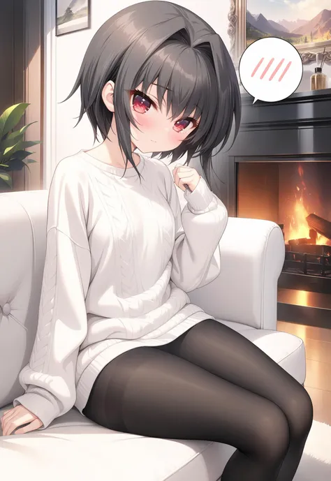 absurdres, extremely detailed CG, best illumination, an extremely delicate and beautiful, masterpiece, best quality,highres, ultra_detailed, 1girl, solo, looking at viewer, indoors, attractive, fantastic scenery, fireplace, white sweater, black pantyhose, small breasts, cute, sitting on couch, teen, yukinoa, black hair, hair intakes, red eyes, short hair, spoken blush, <lora:add-detail-xl:0.5>, <lora:YukiNoaXL_V1-000015:0.8>, <lora:caoXLANI31lokrV42310:0.5>