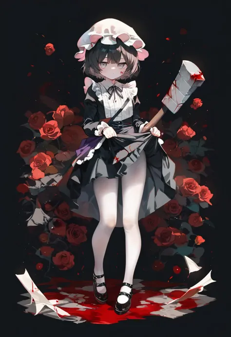 score_9, score_8_up, score_7_up, score_6_up, <lora:caoXL_TPN55_lokr_V43P1:0.95> , tokyo insomnia, 1girl, black background, black dress, black footwear, black hair, blood, blood on clothes, dress, full body, grey eyes, hammer, hat, holding, holding hammer, long sleeves, looking at viewer, maid, mask, mob cap, pantyhose, ribbon, short hair, skirt hold, solo, white hat, white pantyhose, white ribbon