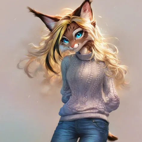 digital_media_(artwork) hi_res, score_9, score_8_up, score_7_up, score_6_up, score_5_up, score_4_up, rating_safe, beautiful, anthro, furry, feline, female, detailed textured fur, fur tufts, fluffy, slim, slender, cute, sweater, loose denim pants, beautiful blue eyes, detailed eyes, smile, solo, SFW, lynx, long blonde hair, multicolored hair, streaked hair, absurdres, highres,