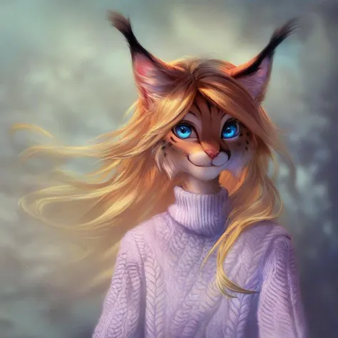 digital_media_(artwork) hi_res, score_9, score_8_up, score_7_up, score_6_up, score_5_up, score_4_up, rating_safe, beautiful, anthro, furry, feline, female, detailed textured fur, fur tufts, fluffy, slim, slender, cute, sweater, loose denim pants, beautiful blue eyes, detailed eyes, smile, solo, SFW, lynx, long blonde hair, multicolored hair, streaked hair, absurdres, highres,