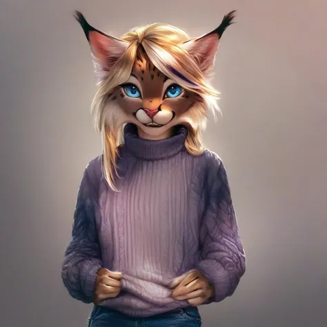 digital_media_(artwork) hi_res, score_9, score_8_up, score_7_up, score_6_up, score_5_up, score_4_up, rating_safe, beautiful, anthro, furry, feline, female, detailed textured fur, fur tufts, fluffy, slim, slender, cute, sweater, loose denim pants, beautiful blue eyes, detailed eyes, smile, solo, SFW, lynx, long blonde hair, multicolored hair, streaked hair, absurdres, highres,