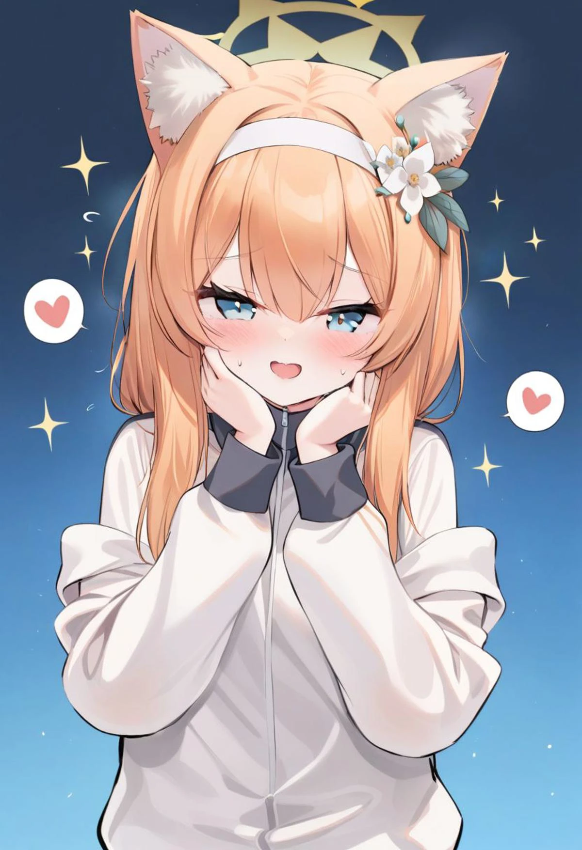 masterpiece, best quality,<lora:caoXL_ANI31_lokr_V42310:1> 1girl, mari \(blue archive\), yellow halo, animal ears, halo, solo, mari \(track\) \(blue archive\), hair ornament, heart, spoken heart, blue eyes, flower, orange hair, official alternate costume, hair flower, animal ear fluff, jacket, blush, looking at viewer, smile, upper body, open mouth, hands on own face, long sleeves, twintails, track jacket, hairband, white flower, white hairband, hands on own cheeks, long hair, fox ears, sparkle, blue background, hairclip, cat ears, flying sweatdrops, sleeves past wrists, hair between eyes, white jacket