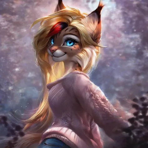 digital_media_(artwork) hi_res, score_9, score_8_up, score_7_up, score_6_up, score_5_up, score_4_up, rating_safe, beautiful, anthro, furry, feline, female, detailed textured fur, fur tufts, fluffy, slim, slender, cute, sweater, loose denim pants, beautiful blue eyes, detailed eyes, smile, solo, SFW, lynx, long blonde hair, multicolored hair, streaked hair, absurdres, highres,