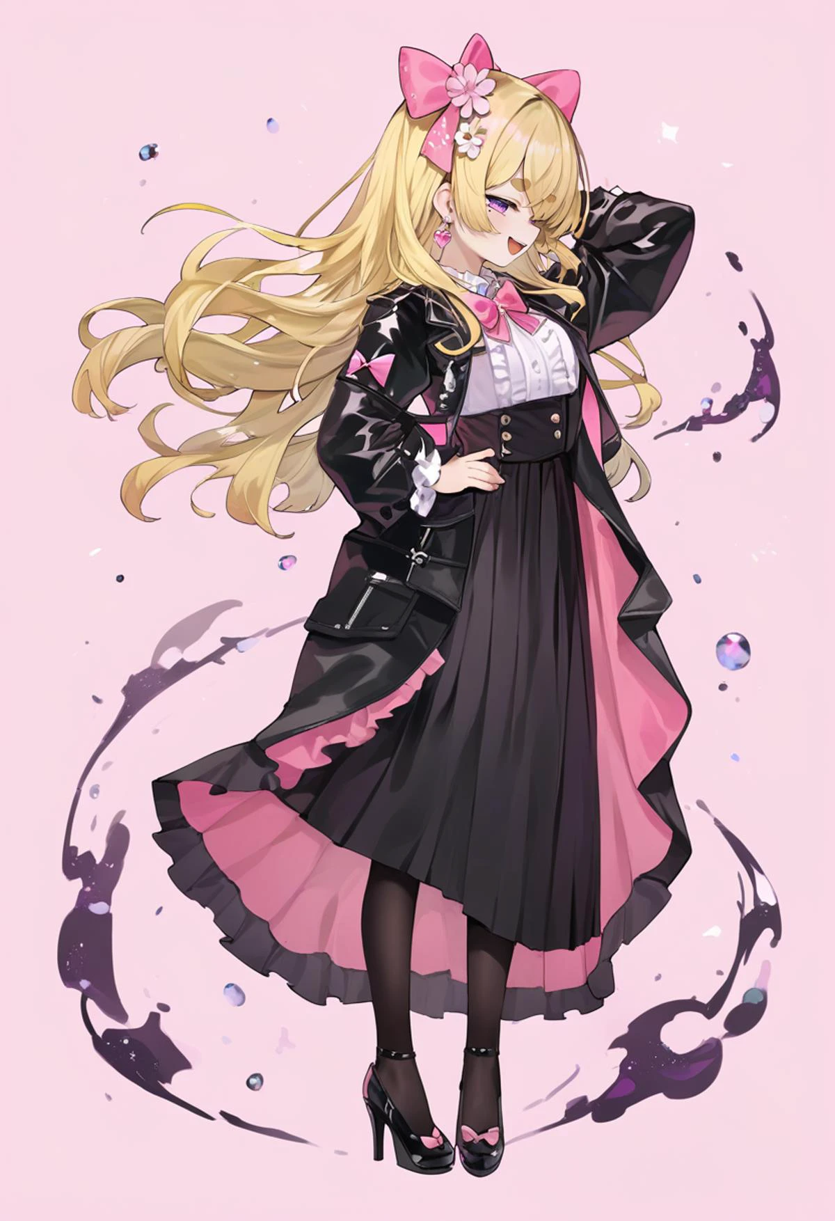 score_9, score_8_up, score_7_up, score_6_up, <lora:caoXL_TPN55_lokr_V43P1:0.95> rokumeikan kiriko, nijisanji, 1girl, arm behind head, black jacket, black pantyhose, black skirt, blonde hair, bow, bowtie, brooch, center frills, earrings, floating hair, flower, frills, from side, full body, hair flower, hair ornament, half-closed eyes, hand on own hip, hand up, high heels, jacket, jewelry, juliet sleeves, long hair, long sleeves, looking at viewer, looking to the side, mole, mole under eye, open clothes, open jacket, open mouth, pantyhose, petticoat, pink background, pink bow, pink bowtie, profile, puffy sleeves, purple eyes, ringlets, shirt, sidelocks, simple background, skirt, smile, smug, solo, standing, suspender skirt, suspenders, thick eyebrows, virtual youtuber, white shirt