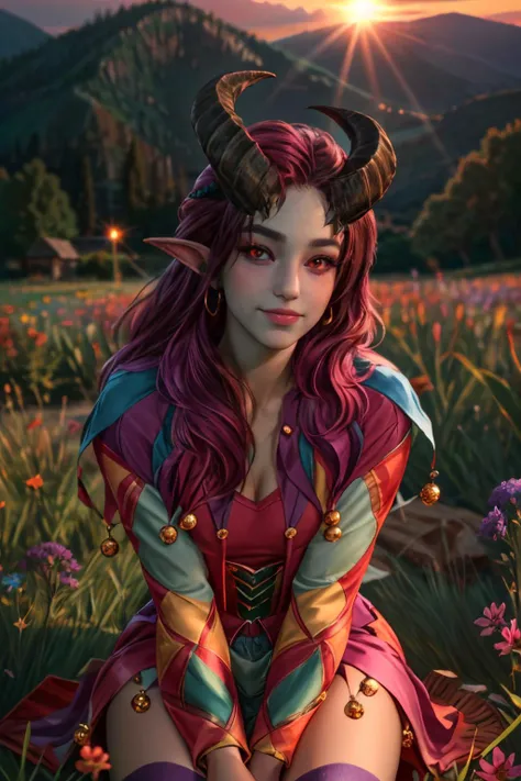 <lora:ip-adapter-faceid-plus_sd15_lora:1> ((best quality)), ((masterpiece)), (detailed), <lora:BGAlfira:0.8> 1girl, selunite, BGAlfira, long hair, colored skin, horns, demon girl, In a field of wildflowers during sunrise, ethereal natural light, bohemian clothing, a carefree and radiant smile, embracing the serenity of the moment, WIDE ANGLE, extra detailed eyes, wearing overknee botforts <lora:GoodHands-vanilla:1> <lora:GoodHands-beta2 (1):1> <lora:Unspeakable-Horrors-64v:1> <lora:epi_noiseoffset2:0.69> <lora:colorize:0.6> <lora:add_detail:0.4>