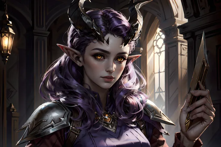 woman, solo, (masterpiece, best quality:1.2) AlfiraBG, horns, pointy ears, yellow eyes, purple hair <lora:AlfiraBG:0.5>