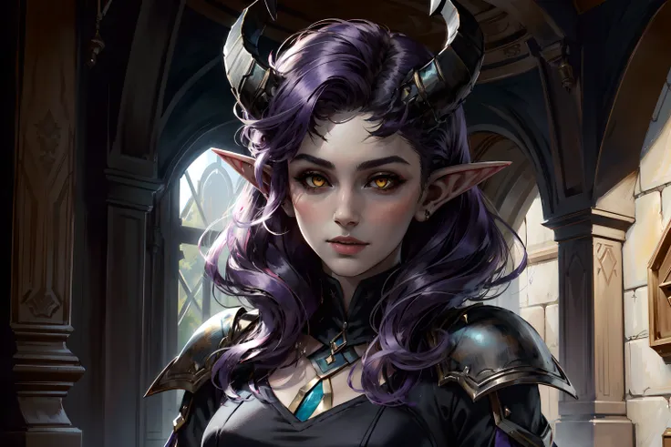 woman, solo, (masterpiece, best quality:1.2) AlfiraBG, horns, pointy ears, yellow eyes, purple hair , clothes in a black dress, upper body <lora:AlfiraBG:0.5>