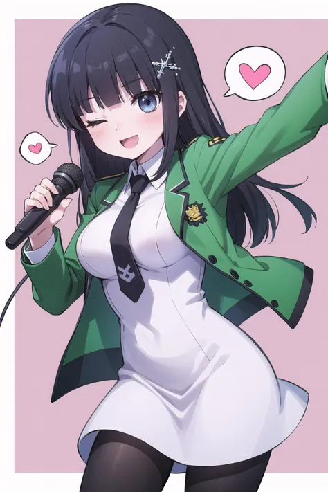 masterpiece, best quality,
1girl, solo,
<lora:叿³¢æ·±éªV1:0.6> siboshenxie, shiba miyuki, black eyes, blue eyes, tsurime, eyelashes, black hair, long hair, hime cut, straight hair, blunt bangs, blunt ends, sidelocks, hair ornament, x hair ornament, snowflake hair ornament, yellow x hair ornament, large breasts,
simple background, heart background, spoken heart, heart,
first high school uniform, dress, white dress, collared dress, pencil dress, necktie, black necktie, short necktie, jacket, green jacket, cropped jacket, open jacket, long sleeves, pantyhose,
looking at viewer,
microphone, singing, holding microphone,
blush, smile, ;d, one eye closed, open mouth,