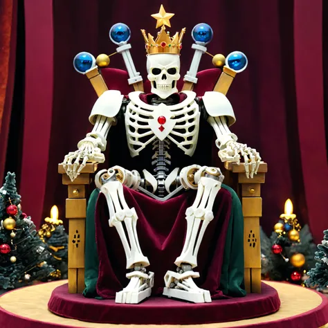 <lora:xmas_xl_v1:1>,xmas,overlord,sittin on throne,intricate mechanical android skeleton,christmas,