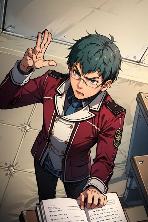 masterpiece, best quality, <lora:machisen:0.9> machisen1, 1boy, red uniform, classroom, from above, furrowed brow, yelling, serious, cowboy shot, hand up