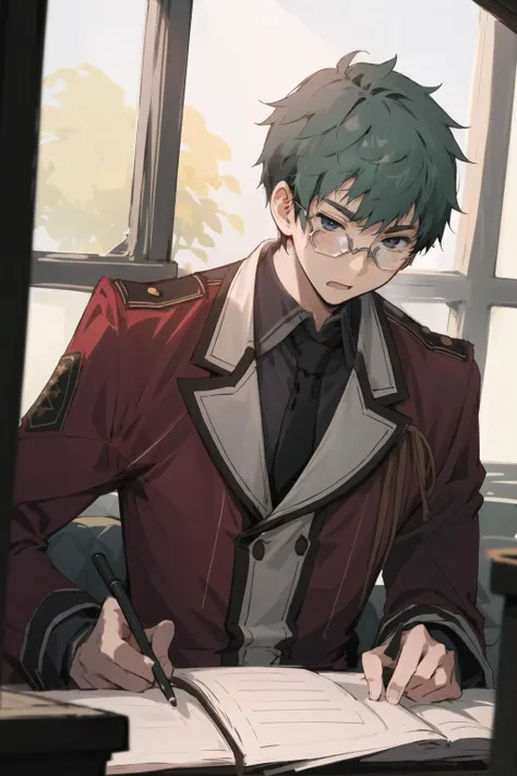 <lora:machisen:1>machisen1, 1boy, red uniform, necktie, indoors,