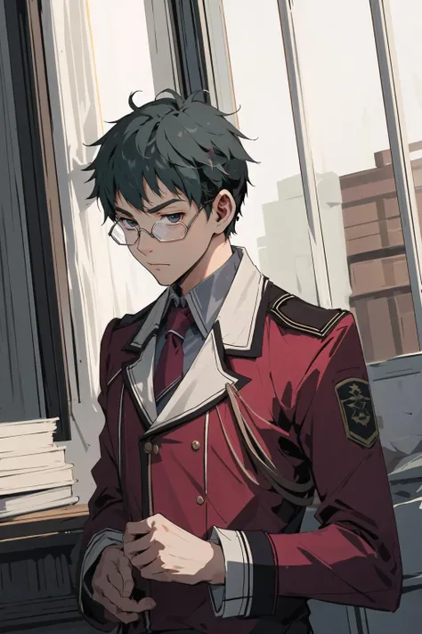 <lora:machisen:1>machisen1, 1boy, red uniform, necktie, indoors,