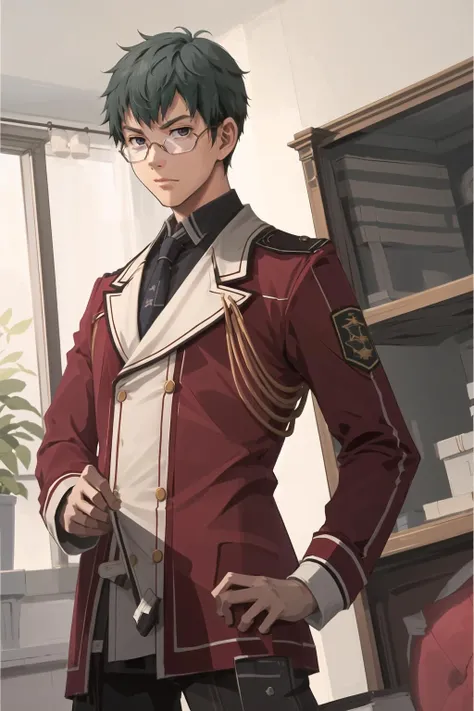 <lora:machisen:1>machisen1, 1boy, red uniform, necktie, indoors,