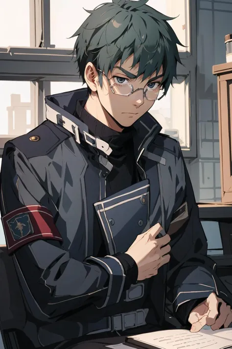 <lora:machisen:1>machisen2, 1boy, turtleneck, blue coat, armband, upper body, indoors