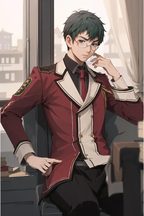 <lora:machisen:1>machisen1, 1boy, red uniform, necktie, indoors,