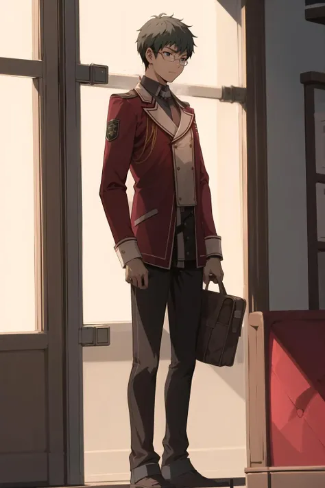 <lora:machisen:1>machisen1, 1boy, red uniform, necktie, indoors,