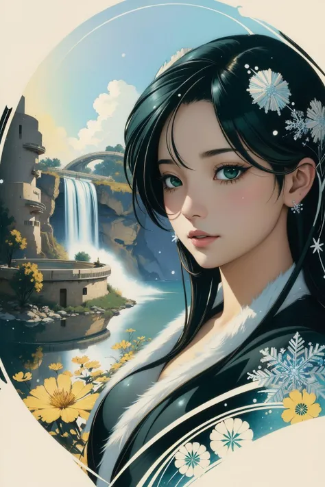 1girl, (magic realism art designed by Hans Makart:1.1) , grand kirigami art, dramatic Unity Engine, detailed Airbrush painting of a concept art, ("The Winds of Winter":1.3) , it is very Refined and Enthralling, Collectable Water treatment plant in background, electric yellow hillside and Milky Way in background, Snowing, split diopter, Cel shading, Dark, Nintencore, Indirect light, F/8, Instax, Psychedelic and deep green details, Temari, trending on artstation, arthouse