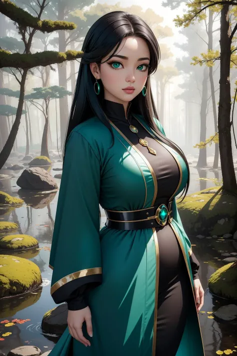 1girl, masterwork, stylized, Full length frame of a chubby Contemporary Fire mage (Female [Shadow|Kami]:1.3) , she is very Charming and Delicious, she is Standing in a Delta, ð¥±, she is feeling very shocked, she is wearing her Geometric Style fashion style Kanzu, Kami has Slimy hair, Kami has a Signature Russian dark indigo Lip Ring, Cybernetic Eye, crowded forest with Mossy rock, Winter, horizon-centered, Regret, Computer Art, broad lighting, Fish-eye Lens, triadic colors, caustics, blended visuals, realistic and detailed, lovely Emerald Green eyes, RTX, unreal engine, pretty, grim