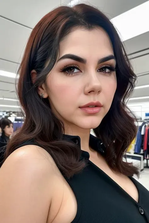 (extreme closeup portrait:1.1) of vltnppi, a woman, (sfw fashion shirt:1.2), cat eye makeup, in a department store, natural light, (masterpiece:1.2) (photorealistic:1.2) (best quality) (detailed skin:1.2) (intricate details) (8k) (HDR) (cinematic lighting) (sharp focus), (looking at the camera:1.3),, (hand on her chest:1.2)