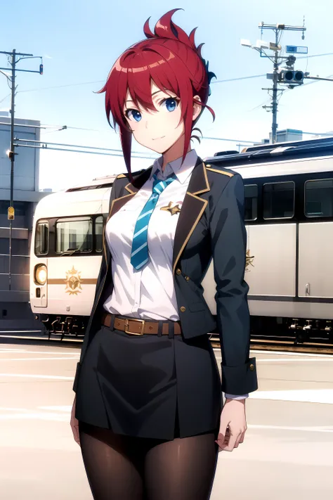 best quality, masterpiece, highly detailed,
<lora:chara_RailWars_SakuraiAoi_v1:0.8>, sakurai aoi rw,
closed mouth, light smile,
blue eyes, red hair, short hair, folded ponytail, medium breasts,
(open clothes:1.2), police uniform, blue jacket, collared shirt, green necktie, pencil skirt, blue skirt, belt, pantyhose,
standing, head tilt, looking at the viewer,
train station