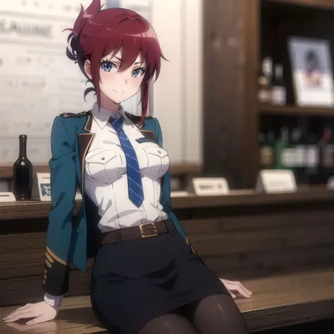 (masterpiece:1.2), (best quality:1.2), cowboy shot, 1girl, medium breasts, evil smile, blush, looking at viewer, sitting on the bar counter, inside the bar,
(open clothes:1.2), police uniform, blue jacket, collared shirt, green necktie, pencil skirt, blue skirt, belt, pantyhose,
<lora:chara_RailWars_SakuraiAoi_v1:0.85>, sakurai aoi rw, blue eyes, red hair, short hair, folded ponytail,