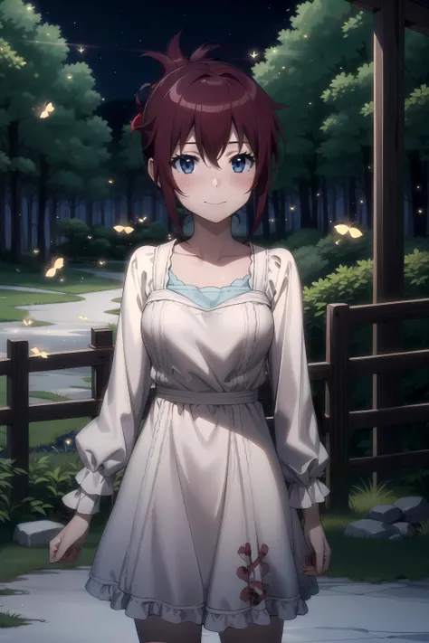 best quality, masterpiece, highly detailed,
<lora:chara_RailWars_SakuraiAoi_v1:0.8>, sakurai aoi rw,
closed mouth, light smile, blush,
blue eyes, red hair, short hair, folded ponytail,
pink dress, collarbone, long sleeves,
standing, looking at the viewer,
forest, night, fireflies, <lora:night-r:0.3>