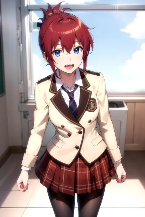 best quality, masterpiece, highly detailed,
<lora:chara_RailWars_SakuraiAoi_v1:0.8>, sakurai aoi rw,
open mouth, light smile,
blue eyes, red hair, short hair, folded ponytail,
school uniform, blazer, necktie, red skirt, pantyhose,
standing, looking at the viewer,
classroom