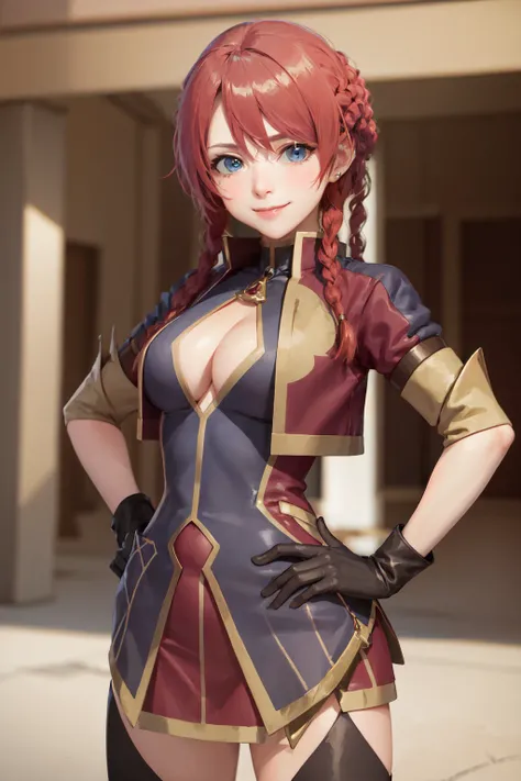 (masterpiece, best quality:1.2), <lora:recreators_upitiria-10:1>, cowboy shot, solo, 1girl, selesia upitiria, smile, closed mouth, looking at viewer, hand on hip, hair between eyes, clothing cutout, cleavage cutout, thighhighs, black gloves