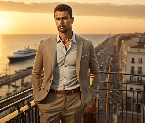 Nautical-themed (Photo:1.3) of (Ultrarealistic:1.3) <lora:Man_Men_FFashion:1> Gerard Piqu a man <lora:Theo-James_Gerard-Piqu:0.9> in a tan suit standing on a balcony, sun behind him, inspired by Pablo Munoz Gomez, shot at golden hour, editorial photograph, midshot of a hunky, by Roman Bezpalkiv, by Artur Tarnowski, maxim sukharev, by Gabor Szikszai,Highly Detailed,(Mono Color:1.3) . Sea, ocean, ships, maritime, beach, marine life, highly detailed