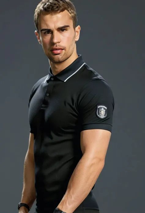 Ultra-detail, (highres:1.1), best quality, (masterpiece:1.3), Gerard Piqu a man <lora:Theo-James_Gerard-Piqu:0.9>, skinny muscled, modern haircut, dynamic posture, ((wearing compression boxer briefs and police polo shirt)), dramatic angle, full-body from above looking away,