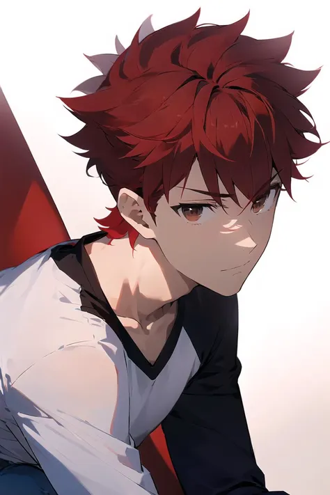 (masterpiece),best quality,portrait,upper_body,1boy,solo<lora:shirouemiyatest:0.75>,shirou emiya,1boy,(red hair:1.5),spiked hair,(brown eyes:1.5),mature male,blue pants,collarbone,pants,shirt,long sleeves,white shirt,raglan sleeves,