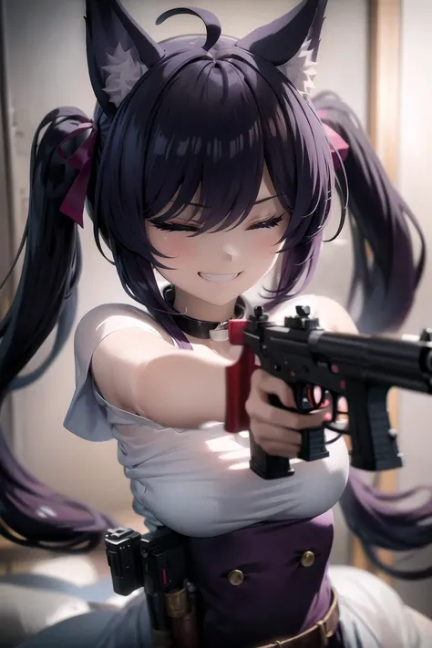 1girl,gun,animal ears,solo,closed eyes,twintails,smile,holding gun,dress,aiming at viewer,short sleeves,handgun,animal ear fluff,upper body,grin,teeth,