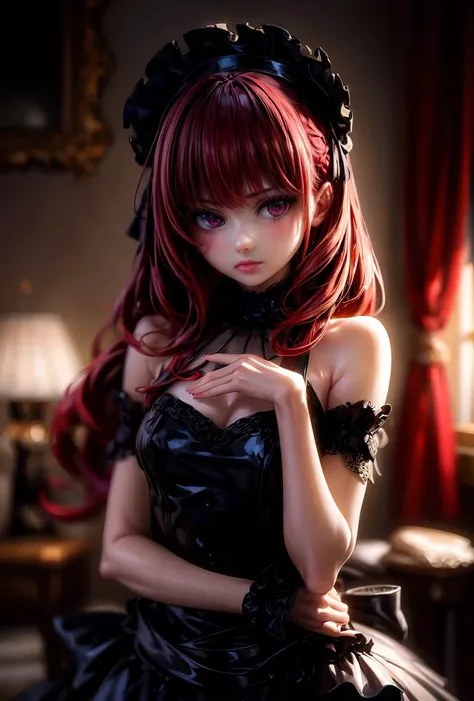 (masterpiece, best quality), 1girl, red hair, medium chest, gothic frill dress, pervert face, <lora:add_detail:1>