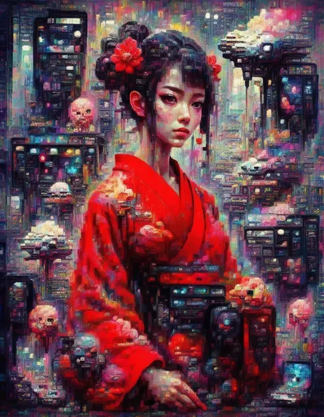 a portrait of a woman wearing a red kimono , outdoor, luisap,anime, glitch <lora:one10_lora:1>